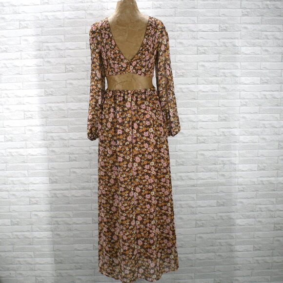 LUSH Dress Floral Fall Cut Out Bare Midriff Shirred Elastic Long Sleeve Boho SM - Picture 5 of 14